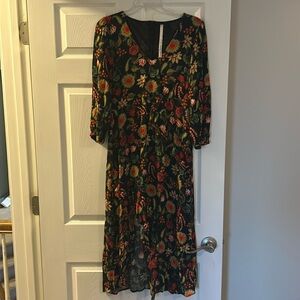 Asymmetrical front, v-neck dress, black and red floral